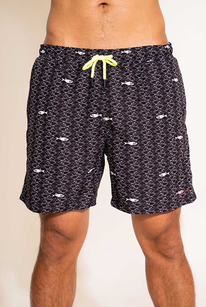 Short de bain Homme Noir Motif Poissons - Détail - Aulala