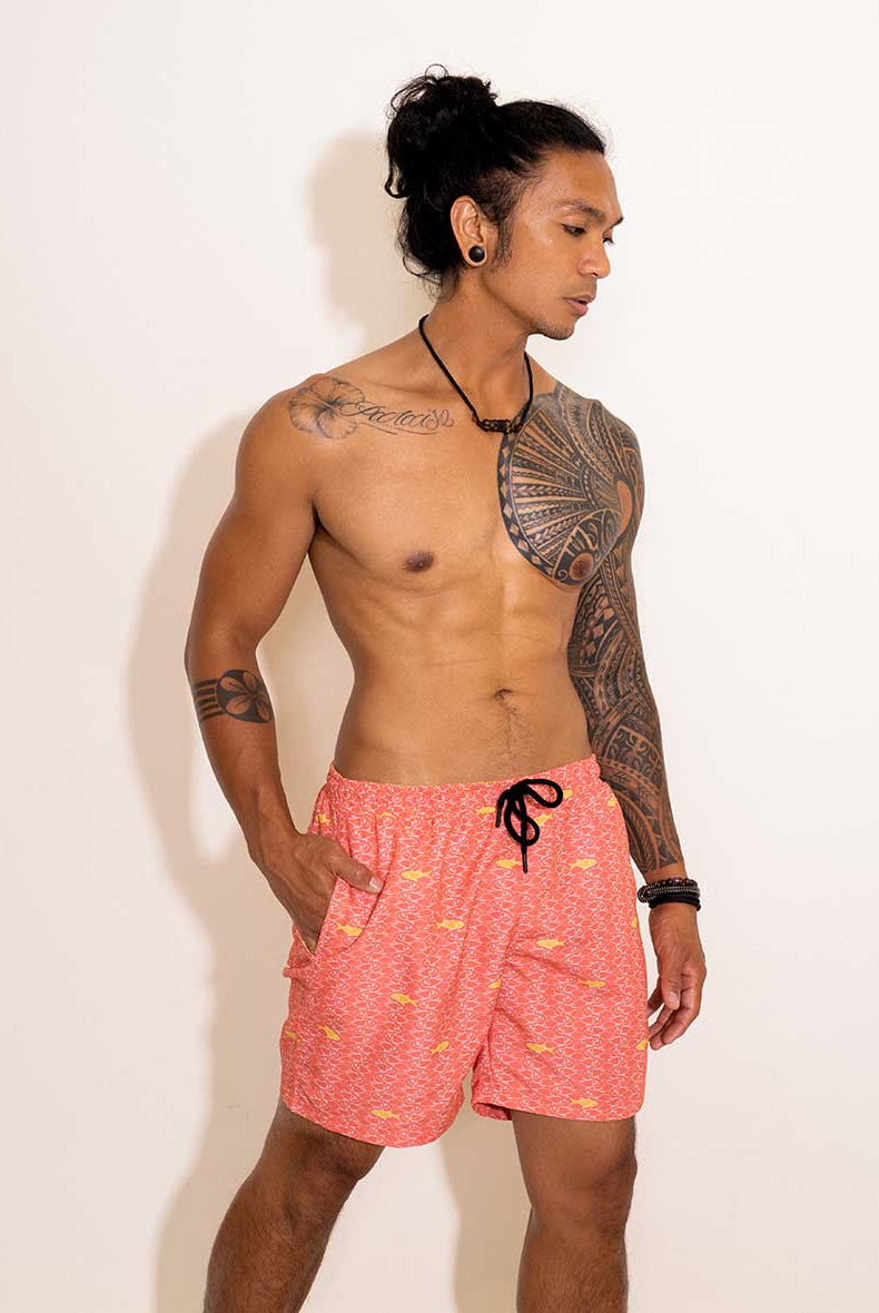 Short de bain rose pour homme motif poissons - Aulala X Lorieux