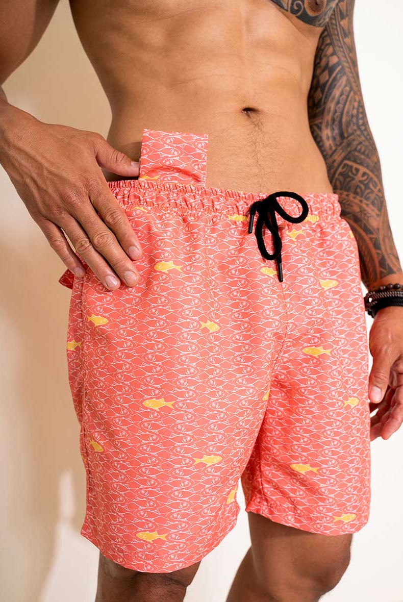 Short de bain rose homme motif poissons profil - Aulala X Lorieux