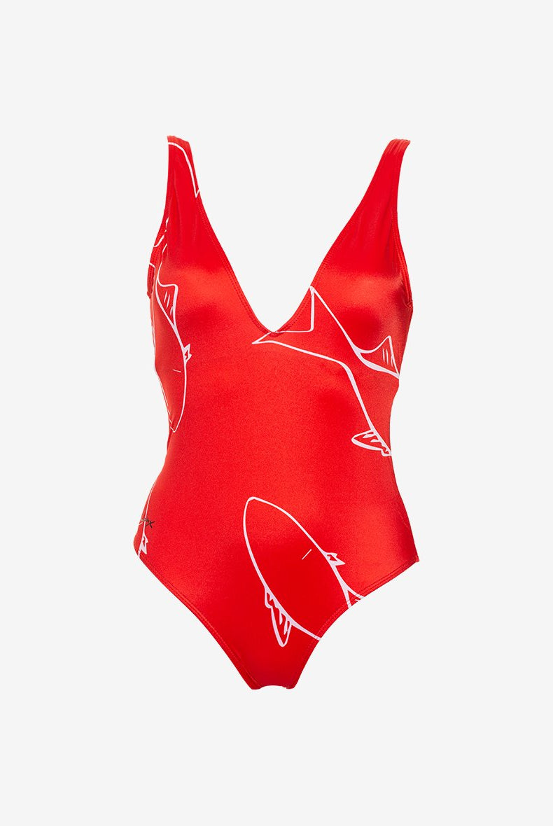NewYork - Maillot une piece rouge motif poissons blanc- AulalaXLorieux