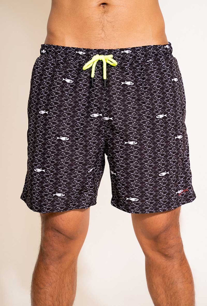 Short de bain Homme Noir Motif Poissons - Détail - Aulala 