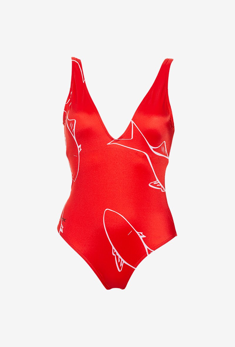 NewYork - Maillot une piece rouge motif poissons blanc- AulalaXLorieux 